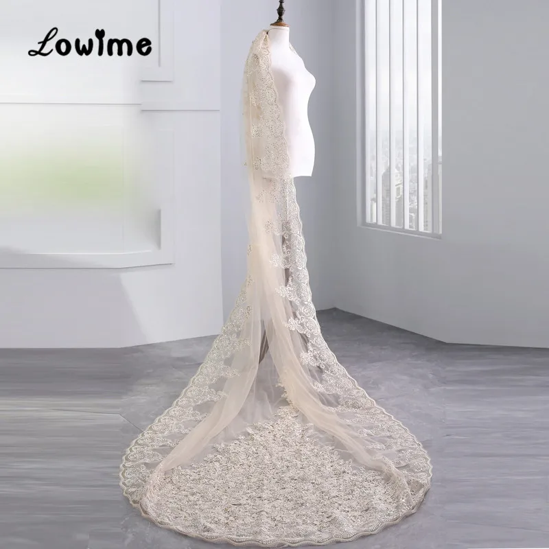 

Sequined Applique Champagne Bridal Veils Wedding Accessories Stunning Wedding Veil Voile De Mariee Cathedral Wedding Veils
