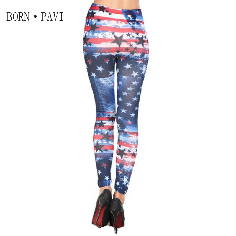 BORNPAVI Printed Leggings For Women American flag seamless leggins Floral Stretch Elastic Jeans