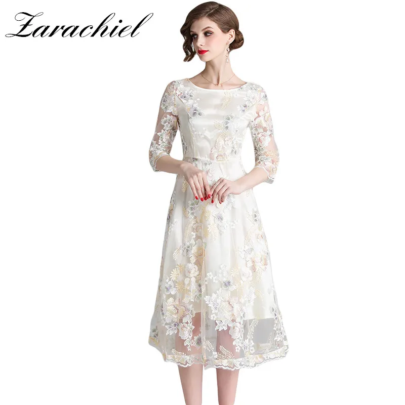 

Beige Dress Women Floral Embroidery Dresses Sheer Mesh Summer Ladies Elegant O-Neck Half Sleeve Floral One-piece Mid-Calf Dress