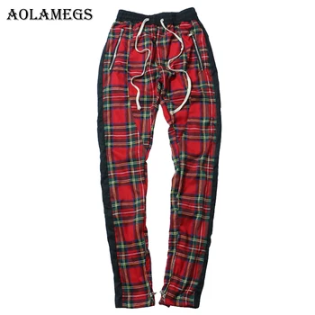 

Aolamegs Harem Pants Scottish Plaid Side Zipper Track Joggers Straight Pants Mens Hip Hop Hit Color Block Patchwork Streetwear