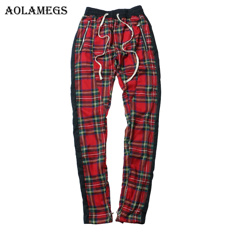 Goedkoop Aolamegs Harembroek Schotse Plaid Side Rits Track Joggers Straight Broek Heren Hip Hop Hit Kleur Blok Patchwork Streetwear