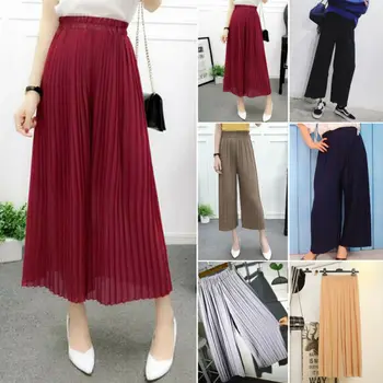 

Womens Pleated Wide Leg High Elastic Waist Casual 3/4 Pants Loose Culottes Pants