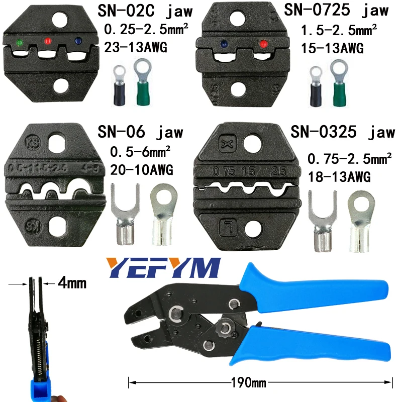 YEFYM обжимные плоскогубцы(ширина челюсти 4 мм/плоскогубцы 190 мм) для большинства типов неизоляционных/изоляционных клемм