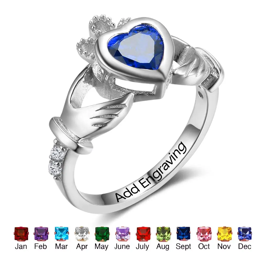 

925 Sterling Silver Claddagh Rings Personalized Heart Birthstones Rings Irish Friendship Women Jewelry Gifts(RI102799)