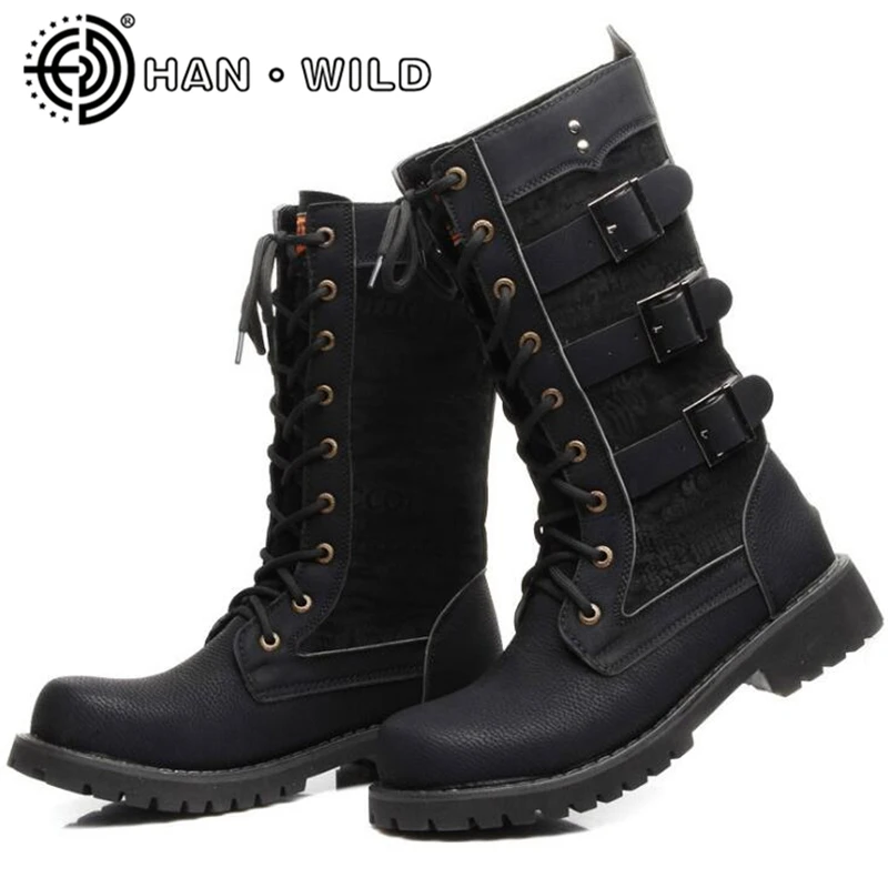 

Men's Lace-up Leather Work Boots Military Shoes Metal Buckle Punk Mid Calf Male Motorcycle Martin Boots Men Army Combat Boots