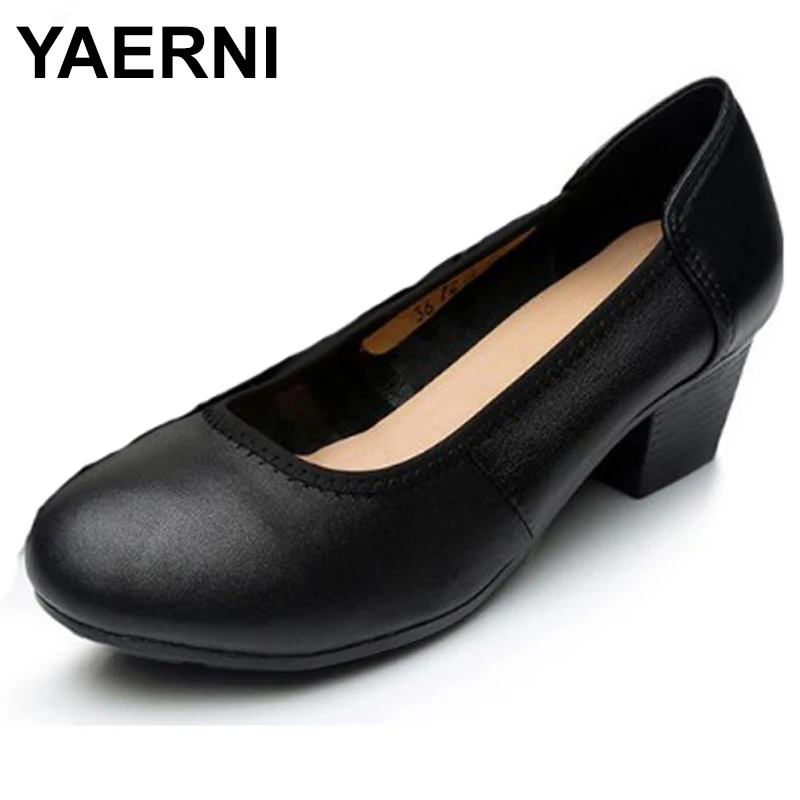

YAERNI 2018 Women spring and autumn Genuine leather shoes work shoes female Thick High Heels shoes Casual nurse shoes E484