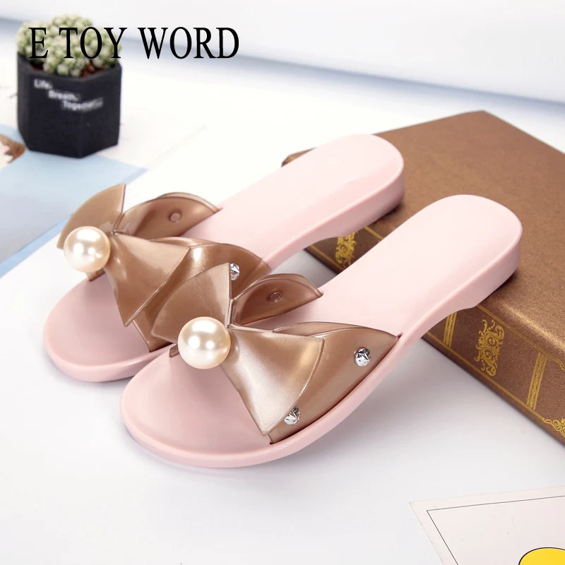 

E TOY WORD slippers women summer fashion wear flat soft bottom bow pearl sandals slippers sweet flat beach women slippers