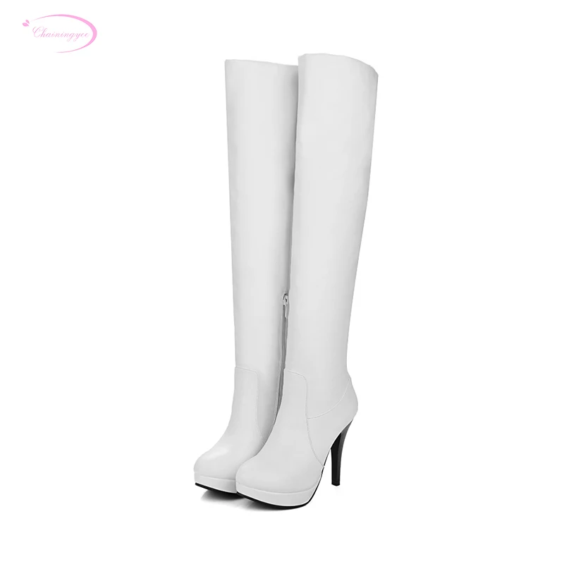 

Chainingyee knight style comfortable round toe knee-high boots and zipper platform black white high-heeled women's riding boots