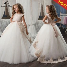 Платья цвета шампанского с цветочным узором для девочек, с поясом, с кружевной аппликацией, на заказ, бальное платье, платья для первого причастия для девочек, элегантное, Лидер продаж