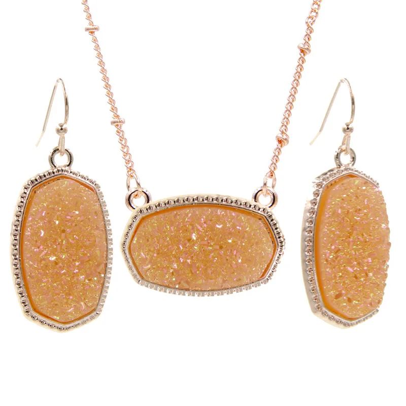 Осень YJX розовое золото цвет мини переливающийся Drusy Овальный кулон ожерелья с серьгами ювелирный набор блеск бутик - Окраска металла: Orange
