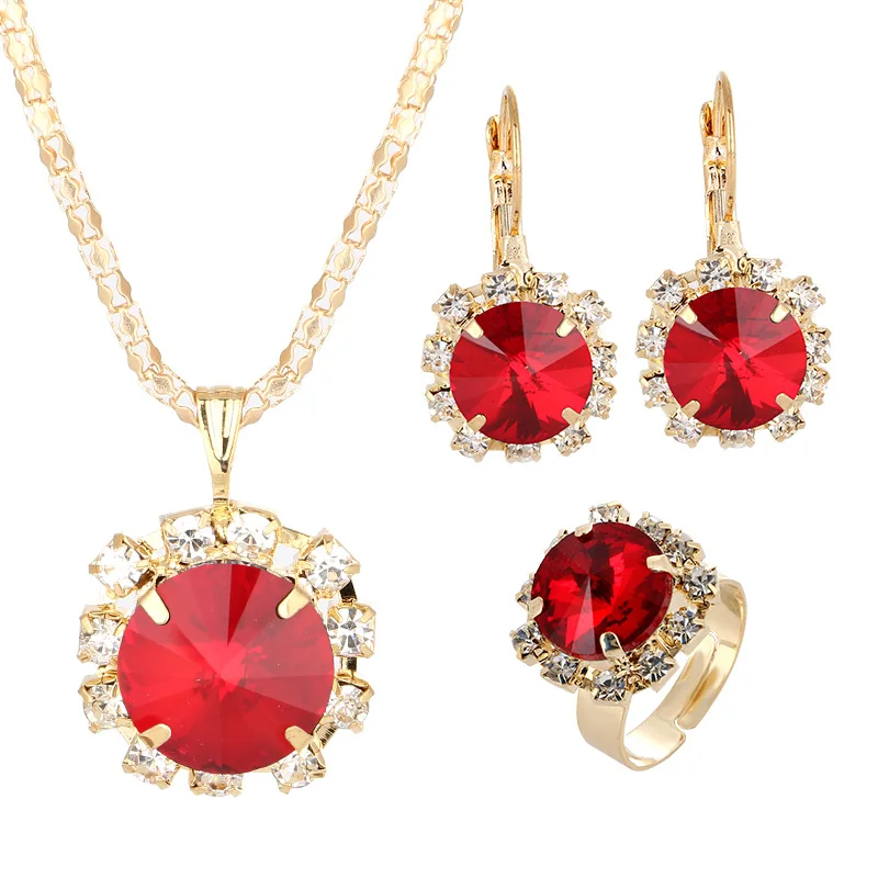 

Women Fashion Jewelry Conical Purple Crystal Pendants Necklace+Ring +Earrings 3PCS Luxurious Wedding Party Gifts Jewelry Sets