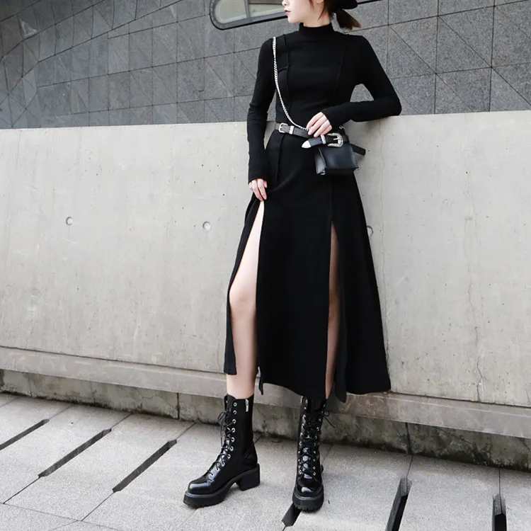Весеннее однотонное хлопковое платье для женщин, винтажное плиссированное платье с открытыми боками, асимметричное платье с высоким воротником - Цвет: black