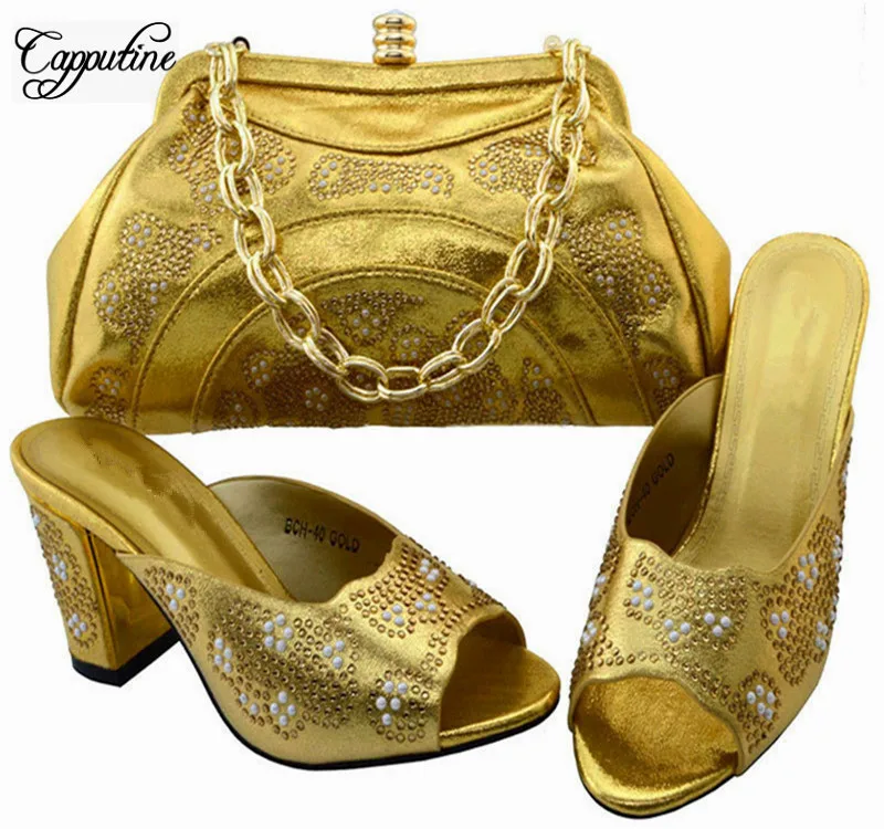 

Capputine Italian Rhinestone Gold Color Shoes And Bag Set New Summer Rhinestone Nigerian Shoes And Bag Sets Free Shipping BCH-40