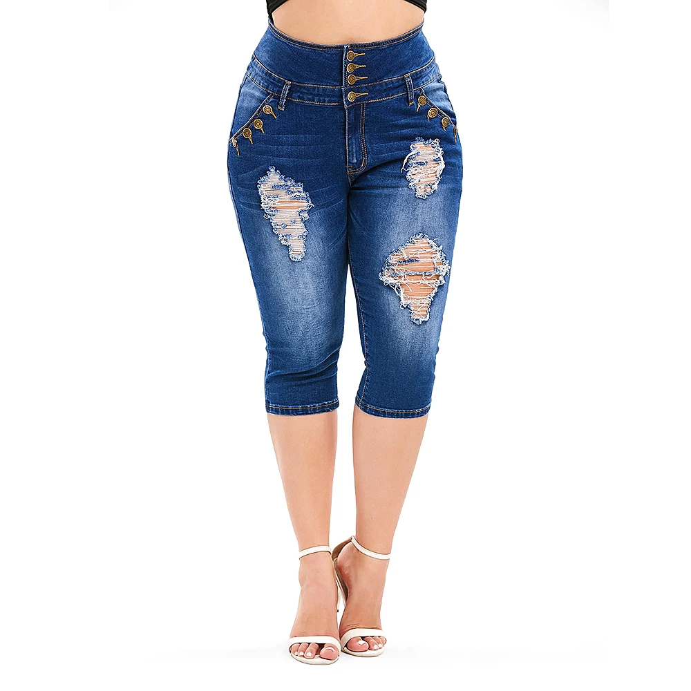 

ROSEGAL Plus Size High Waisted Women Ripped Cropped Jeans Zipper Fly Skinny Pencil Pants Button Capri Length Shredded Jeans 5XL