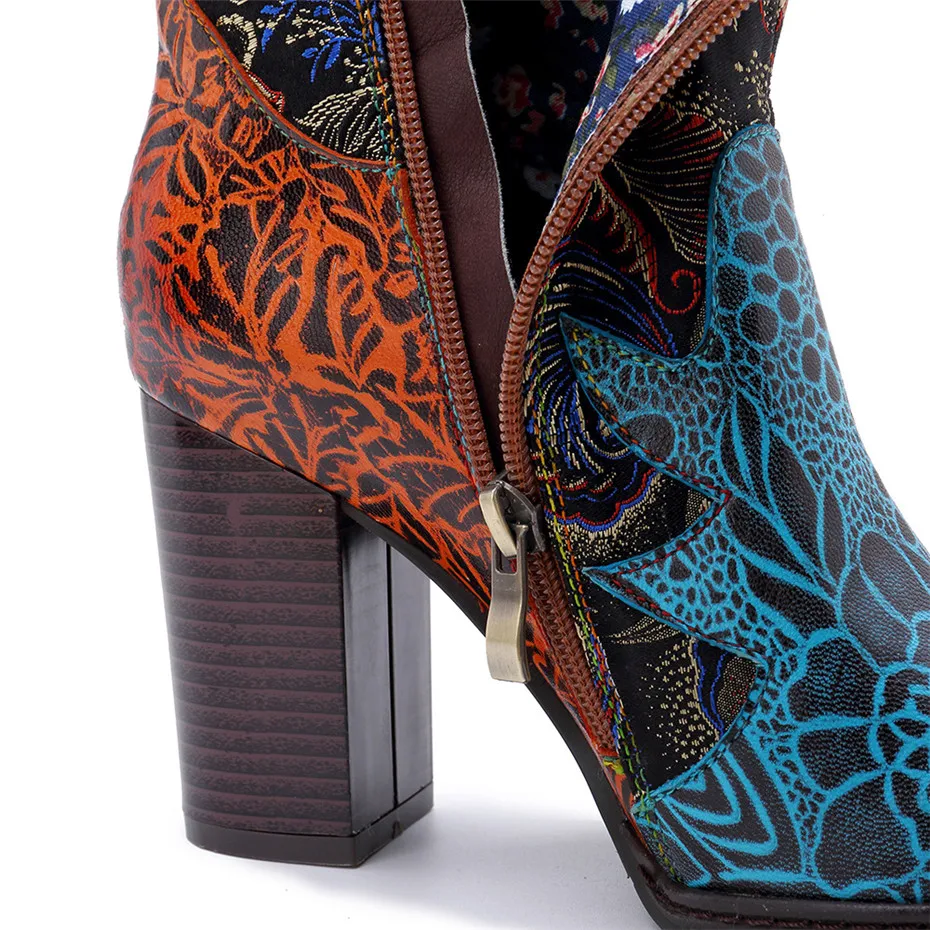 Retro Bohemian Knee High Boots Women Shoes Genuine Leather Cowgirl Women Boots Autumn Winter Vintage Zip Block Colors High Heels (9)