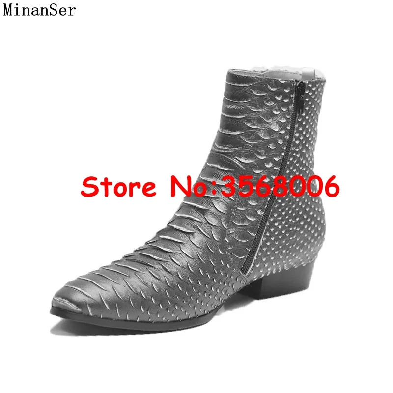 Snake Skin Leather Pointy Toe Zipper High Top Men Chelsea Boots Shoes Rome Style Casual Spring Autumn Man Ankle Boots Shoes