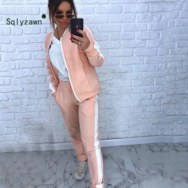 

Women Autumn Sporting 2 Piece Sets Clothes Streetwear Baseball Jackets White Stripe Patchwork Cargo Straight Pants Tracksuits