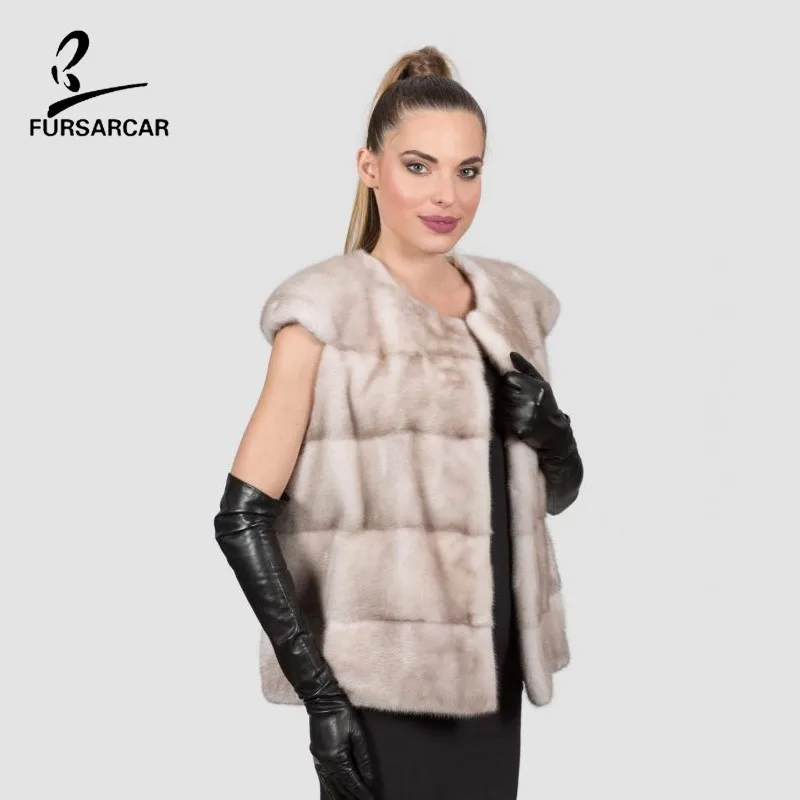 FURSARCAR женский короткий жилет из натурального меха норки бежевого цвета зима