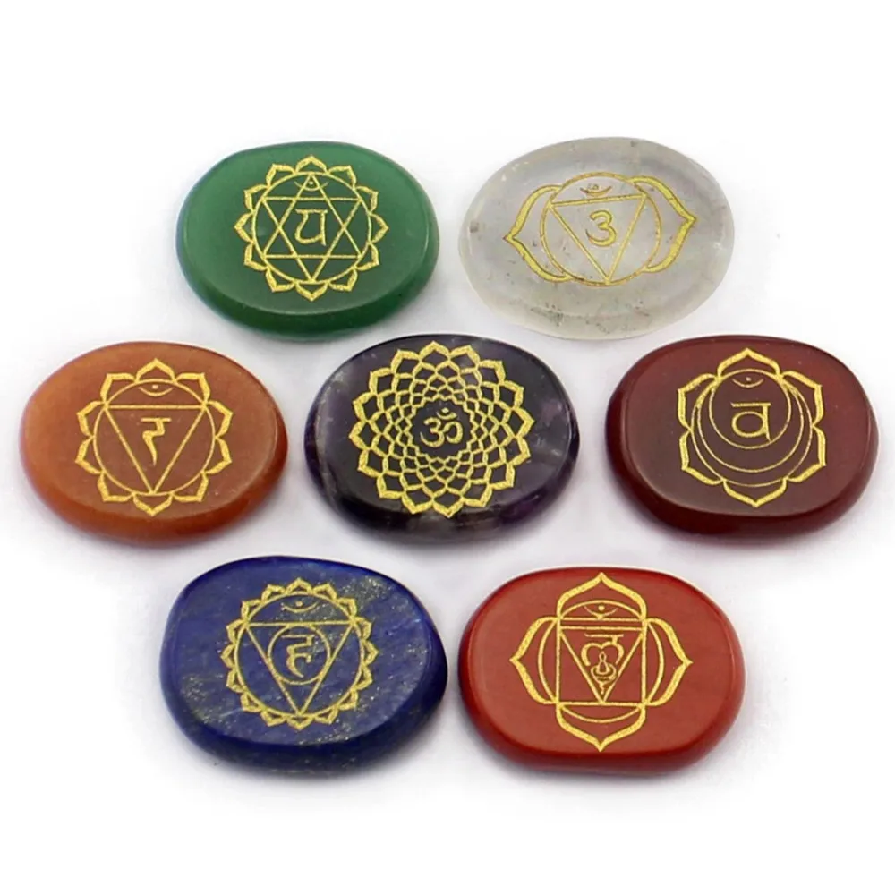 

7pc/set Natural Crystal Agate Indian Engraved Chakra Healing Stone Spiritual Healing Meditation Palm Stones Reiki Chakra Energy
