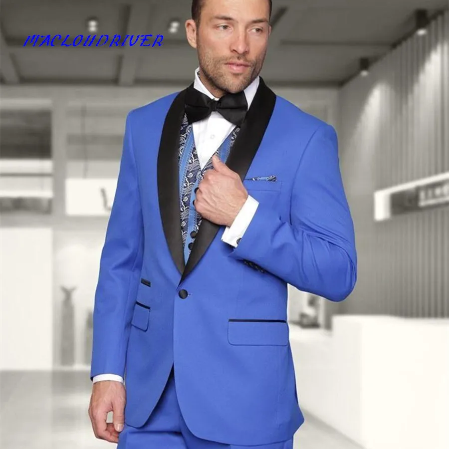 Western Style Blue Men Groom Tuxedos With Black Shawl Lapel Men's Business Wears Jacket Best Man