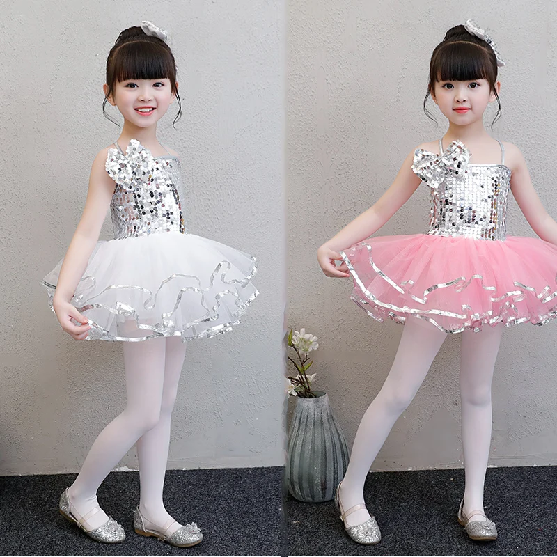 

Girls Latin Jazz Dress Dance Costume Tutu Ballet Sparkly Sequins Mesh Dress with Hairclip Modern Contemporary Dance Clothes