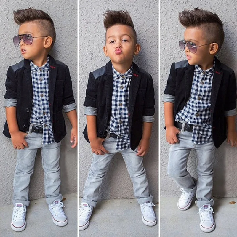 

Europe and The United States Handsome Children's Suit Black Jacket + Lattice Shirt + Jeans Three Sets