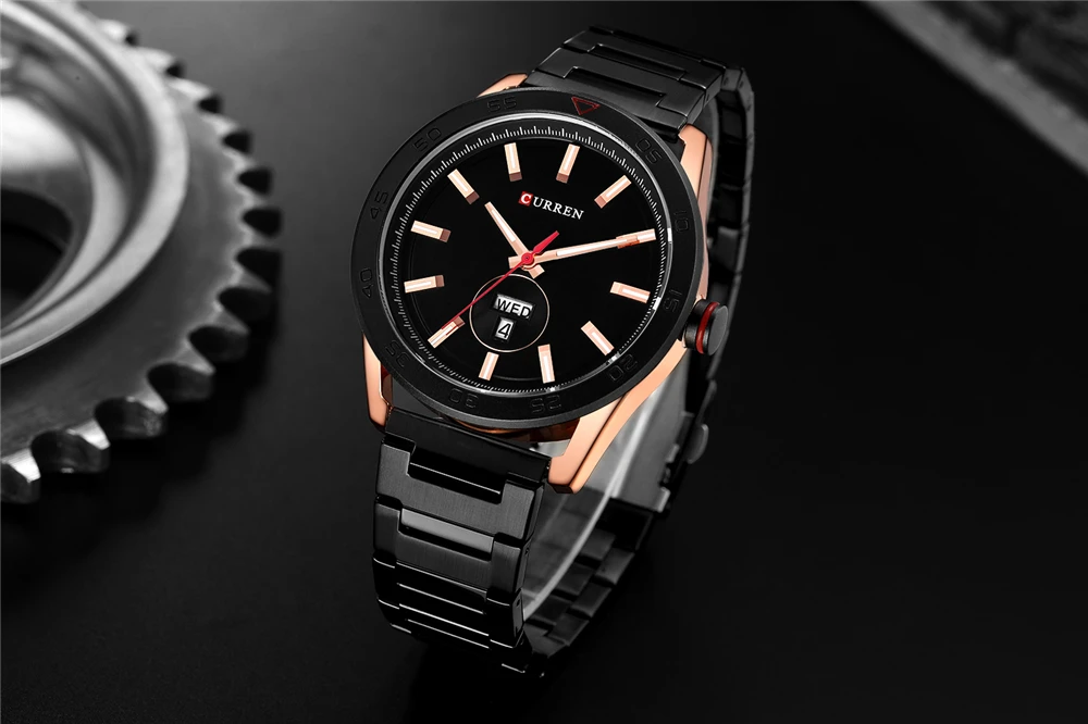 CURREN часы для мужчин Роскошные нержавеющей часы со стальным браслетом повседневное Стиль кварцевые наручные часы с календарем черный мужской подарок