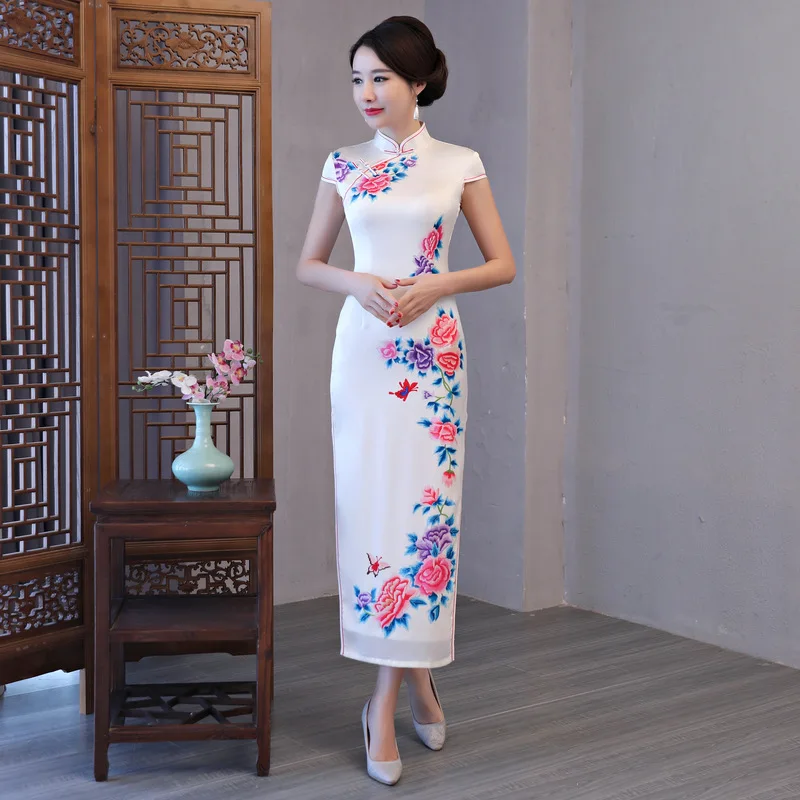 Новые белые китайский Винтаж пикантные атласные Cheongsam Для женщин принт Тонкий лодыжки-Длина платье леди новинка цветок Длинные Qipao s -XXXL