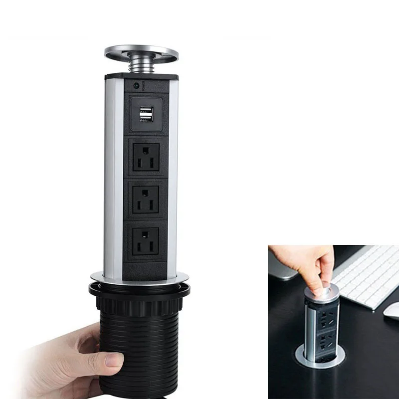 

Pulling Pop Up Electrical 3 Plug Socket 2 USB Kitchen Table Socket for Counter Desk Office Home CLH@8