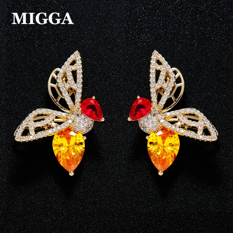 

MIGGA High Quality Colorful Zircon Stone Crystal Large Bee Stud Earrings Gold Color Cubic Zirconia Brincos