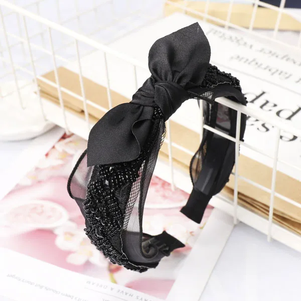 Богемное винтажное Черное кружево с бисером Blace повязка на голову завязанная бантом повязка для волос аксессуары для волос - Цвет: black crystal bow