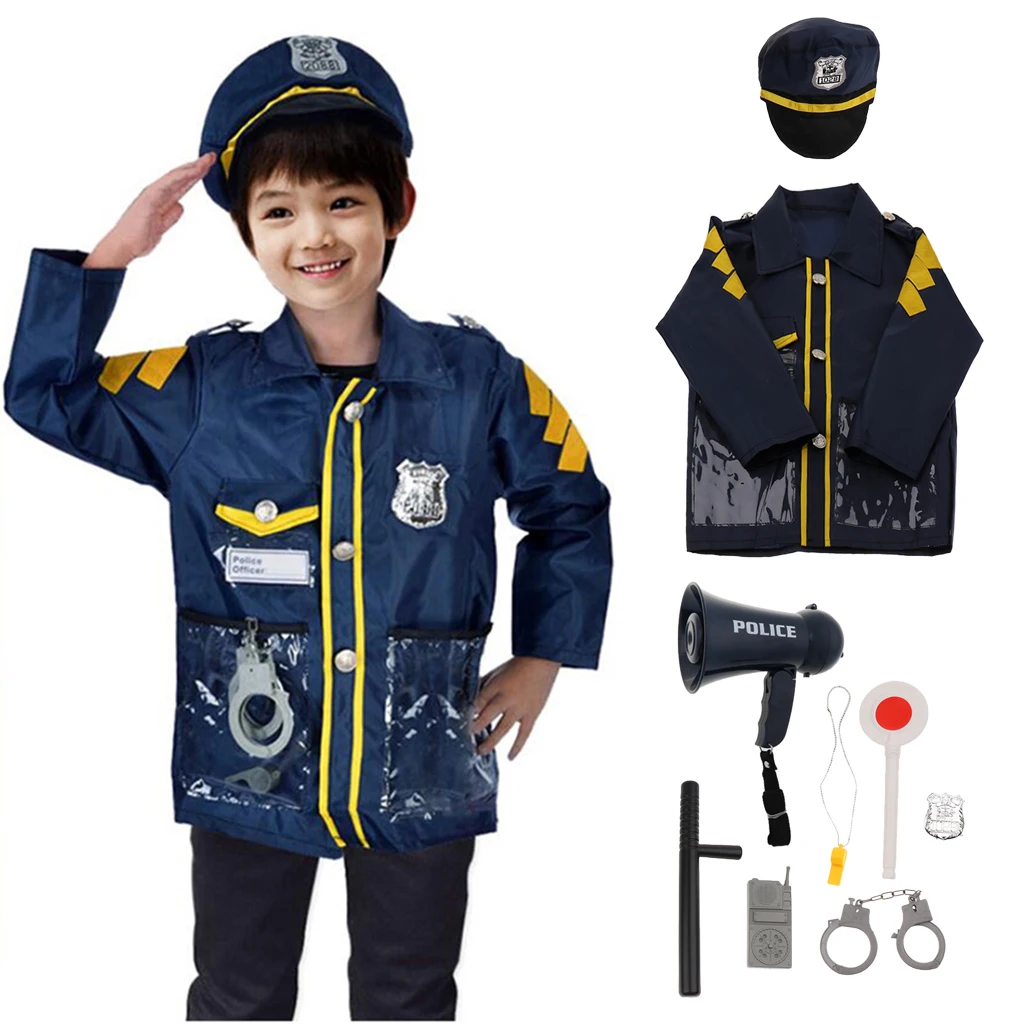 9pcs Pretend Police Officer Toy Outfit Clothes Megaphone with Siren Sounds for Fancy Dress Role Playing - Walkie-talkie Hat Accs