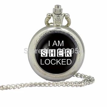 

steel color Pocket Watches 12pcs/lot Sherlock Holmes "I Am Sher Locked" Inspired Locket Necklace Mens Steampunk Vintage viking