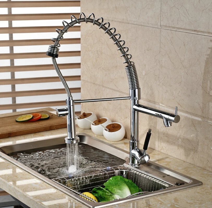 

Kitchen Sink Pull Dow Spray Swivel Faucet Hot&Cold Water Mixer Tap Chrome Single Handle