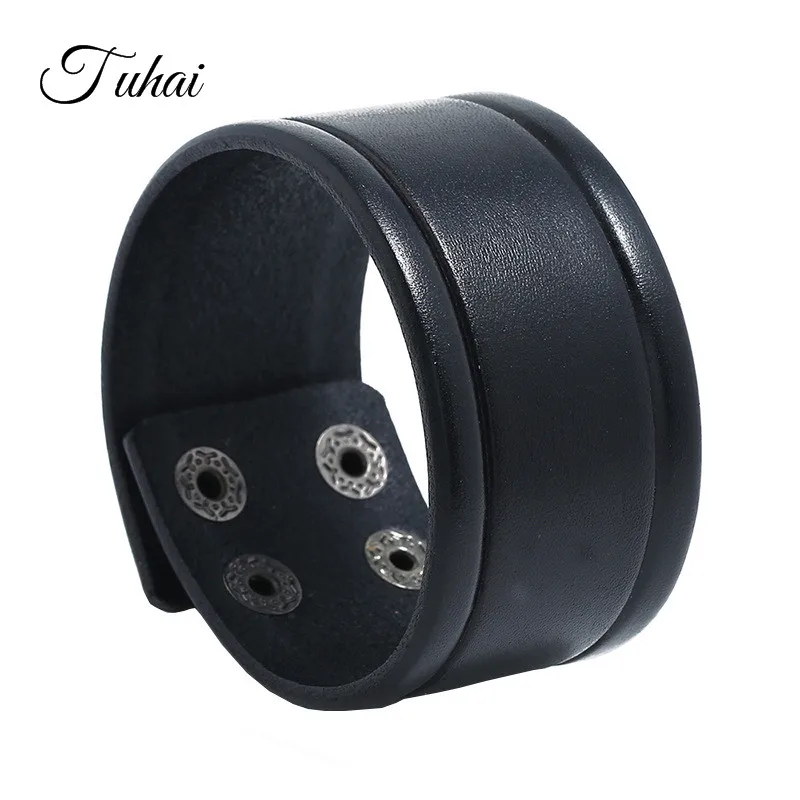 

New Trendy Vintage Button Genuine Leather Bracelet Brown & Black Punk Wide Cuff Plain Bracelet for Men Jewelry Wrap Bangle