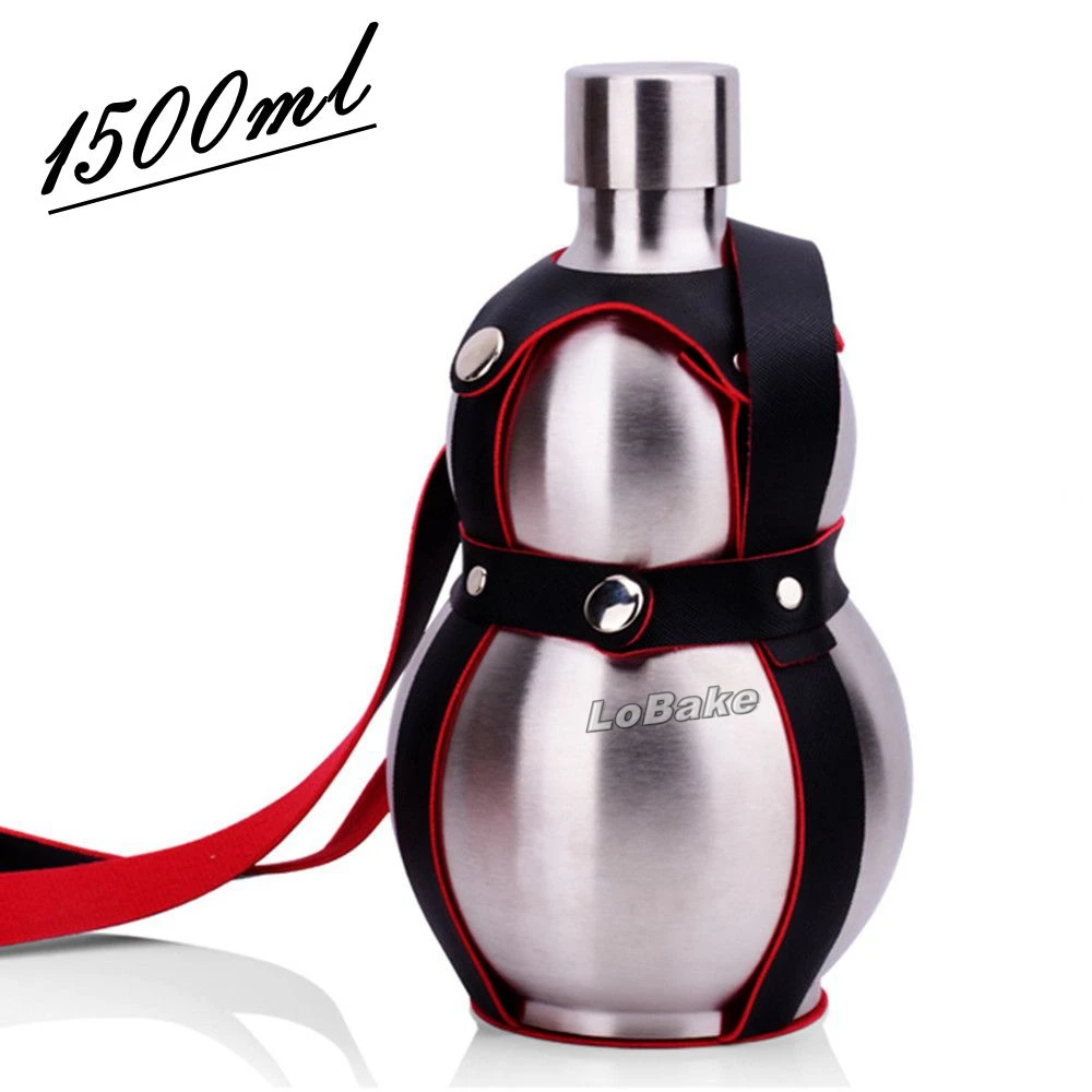 

Big size 1500ml stainless steel creative gourd shape wine bottle with leather belt alcohol drinkware for drinking supplies