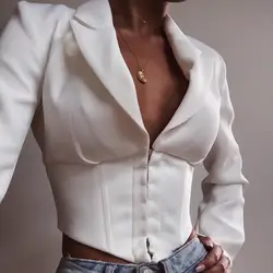 Глубокий V длинный рукав белый Блейзер женская сексуальная офисная одежда куртка винтажная работа кардиган пальто осень 2019
