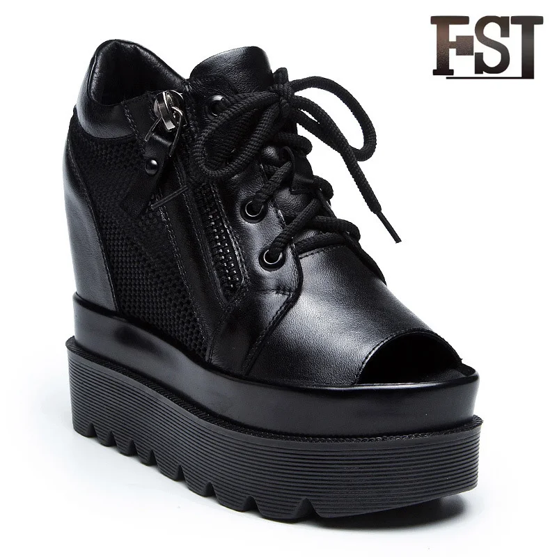 

FSJ Genuine Cow Leather Woman Basic Lace Up Zip Microfiber Sandals Fashion Front Rear Strap Platforms Covered Wedges shoes