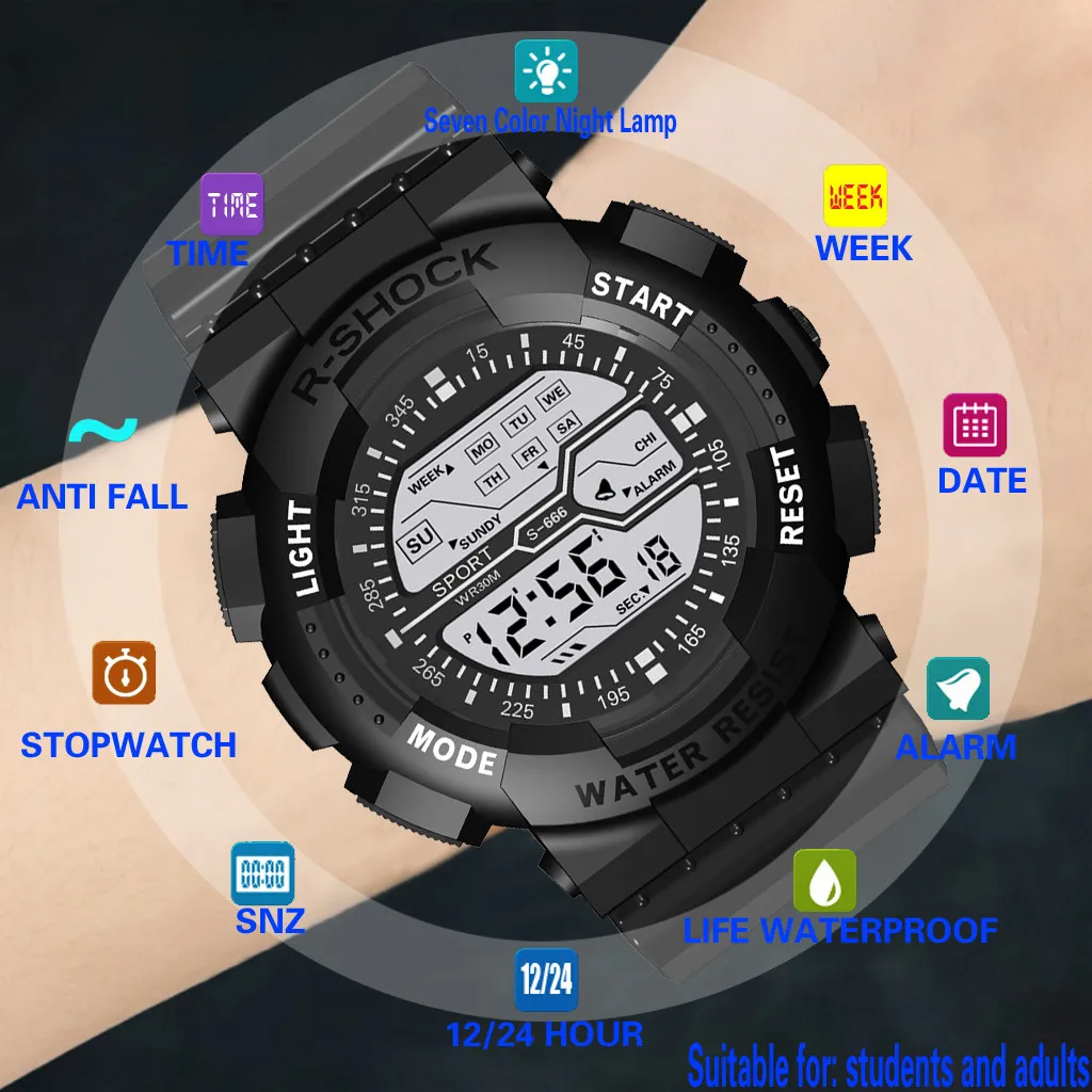 

Seven Colors Colorful Luminous Multi Function Sports Fashion Electronic Watch Wristwatches Quartz Classic Casual Analog Watches