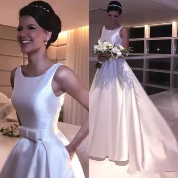 

Vintage Royal Satin Wedding Dresses Elegant A-line Scoop Open Backless Wedding gown 2019 Sweep Train Robe de Marriage