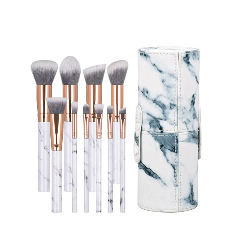 

10 PCS Marble Pattern Makeup Brushes Plastic Handle Synthetic Hair Vegan Make Up Brush With Cylinder Tube Holder