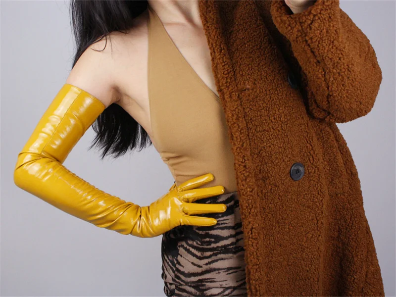 Женские лакированные кожаные перчатки 40 см длиной ПУ имитация кожи яркая кожа ярко-желтая яичная желтая Дамская QPJH05