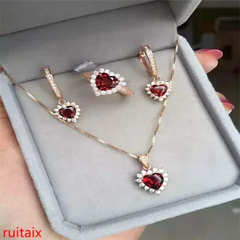 

KJJEAXCMY boutique jewels 925 pure silver inlaid with natural garnet female pendant earrings ring 3 pieces of gold and silver co