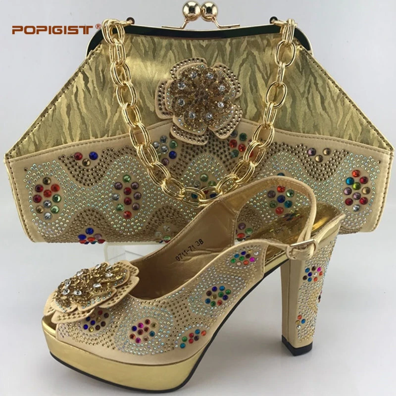 Gold color shoes matching evening bag with stones flowers high quality