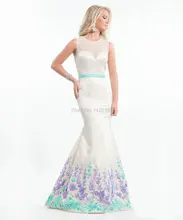 Chic Doppel Farbe Appliques & Short Schärpen Lange Satin Meerjungfrau Abendkleider Scoop Neck Hohl Zurück Formale Partei-kleid