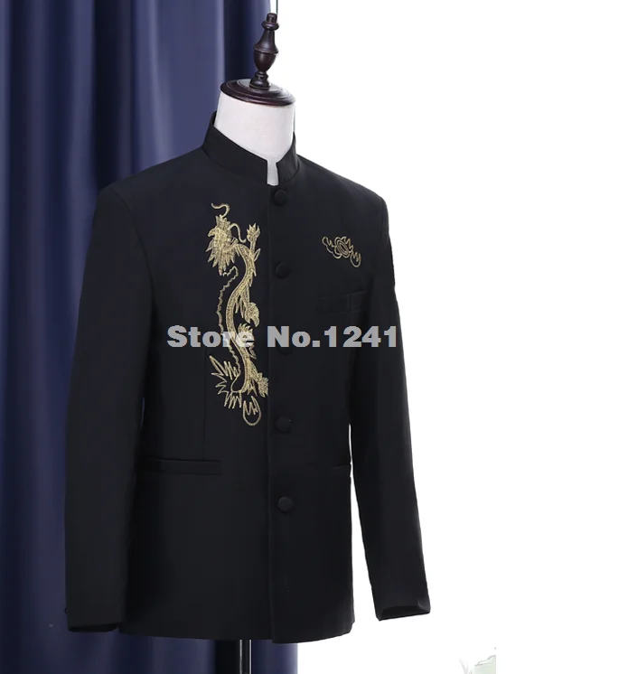 Black Printing Embroidery Dragon Chinese Tuxedo Suit Wedding Party