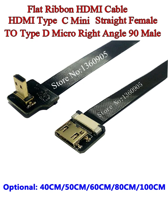40/50/60/80/100CM Ultra Thin HDMI Cable Type C Mini Straight Female to Male Type D Micro Right Angle 90 Degree Flat Ribbon Cable