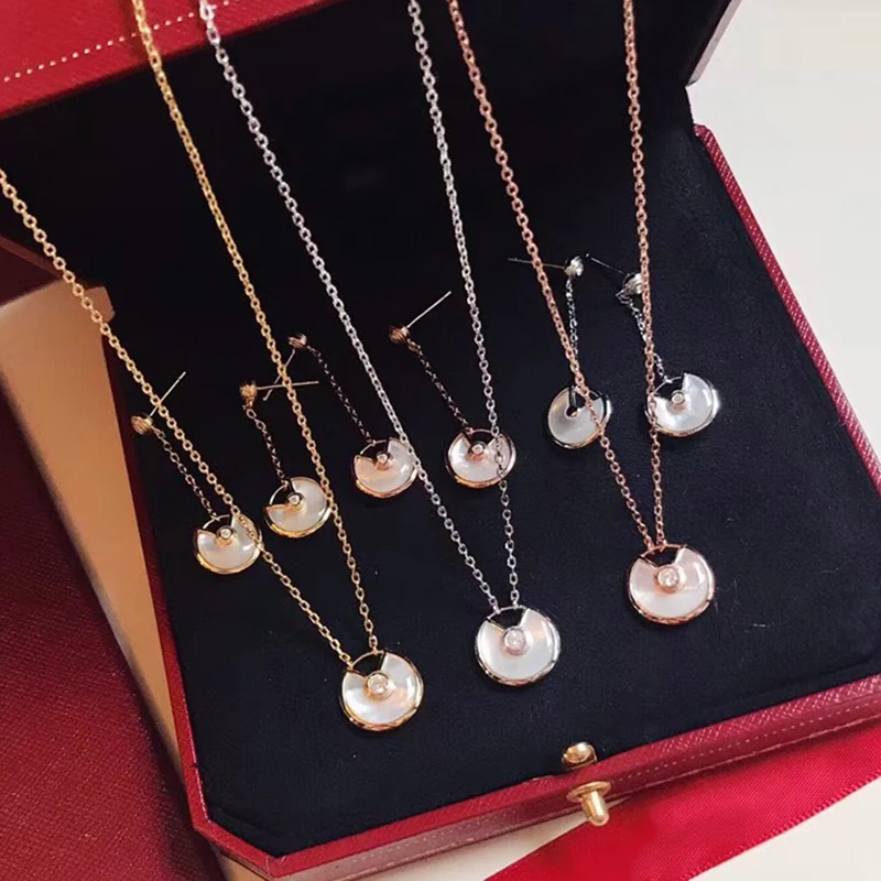 

Brand Pure 925 Sterling Silver Jewelry For Women Mother Shell Pearl Amulet Jewelry Set Round Circle Amulet Neckacle Earrings Set