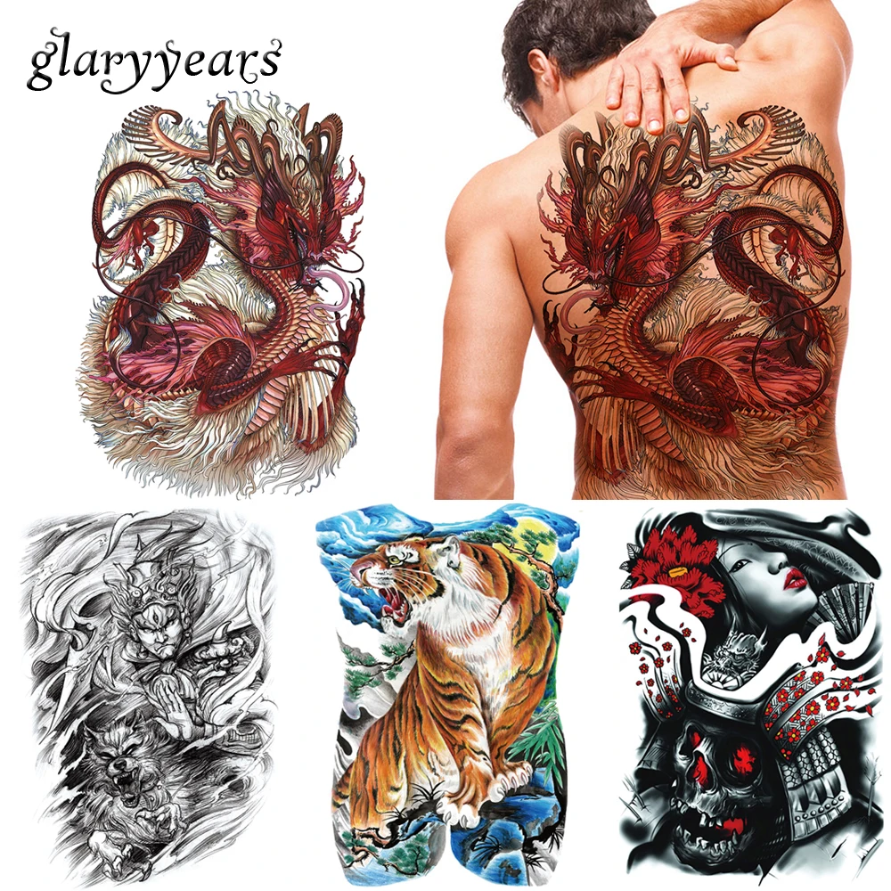 Glaryyears 20 шт./лот Большая большая полная задняя Татуировка цветная временная татуировка для тела Грудь назад художественная Татуировка Тигр дракон стикер с тотемными узорами сексуальный