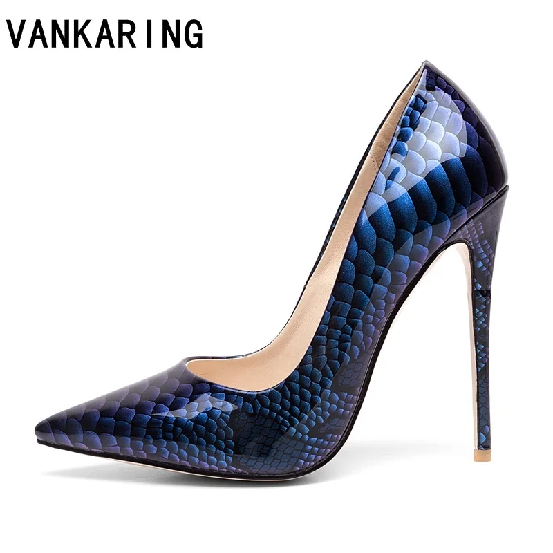 

VANKARING fashion printed leather pumps shoes women party dress pumps sexy high heel brand fretwork pointed toe office lady shoe